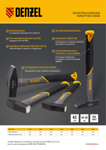 Молоток слесарный, 400 г, кованый, фибергласовая рукоятка c TPR покрытием Denzel по ценам производителя в Челябинске с доставкой по всей России