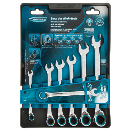 Набор ключей комбинированных с трещоткой, 8-19 мм, 7 шт, реверсивные, CrV Gross по ценам производителя в Челябинске с доставкой по всей России