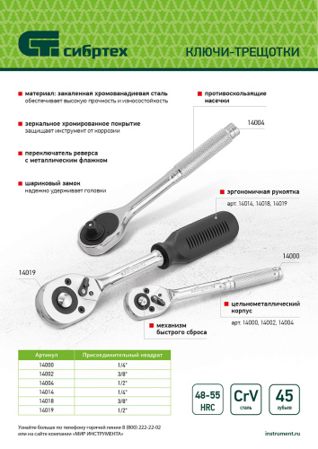 Ключ-трещотка 1/2", 45 зубьев, с быстрым сбросом, CrV, хром Сибртех по ценам производителя в Челябинске с доставкой по всей России